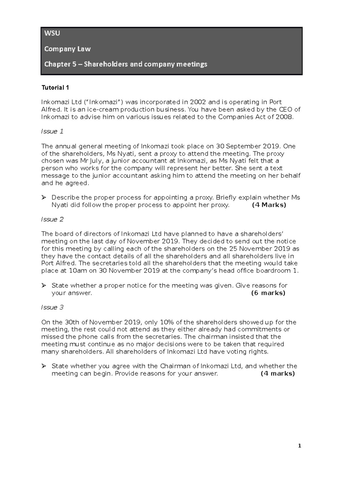 WSU Company Law Chapter 5 Tutorial Qs on Shareholders & Meetings - Studocu