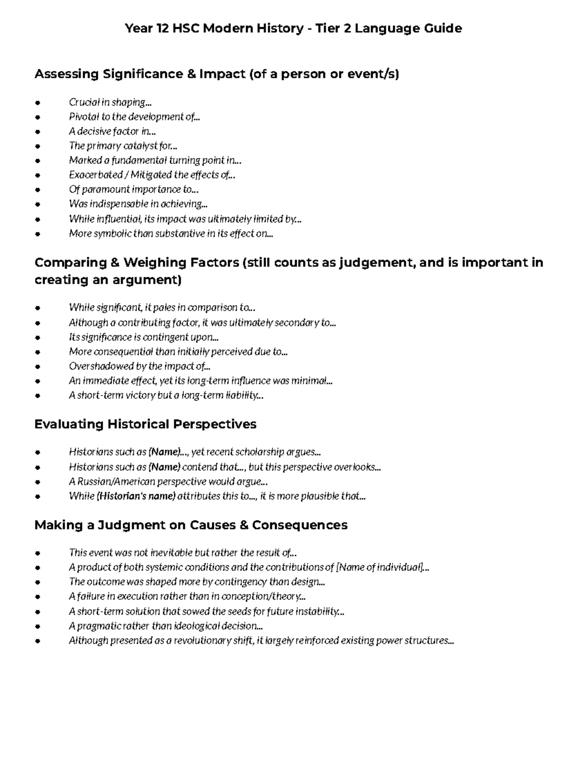 Year 12 HSC Modern History - Tier 2 Language Guide on Significance ...