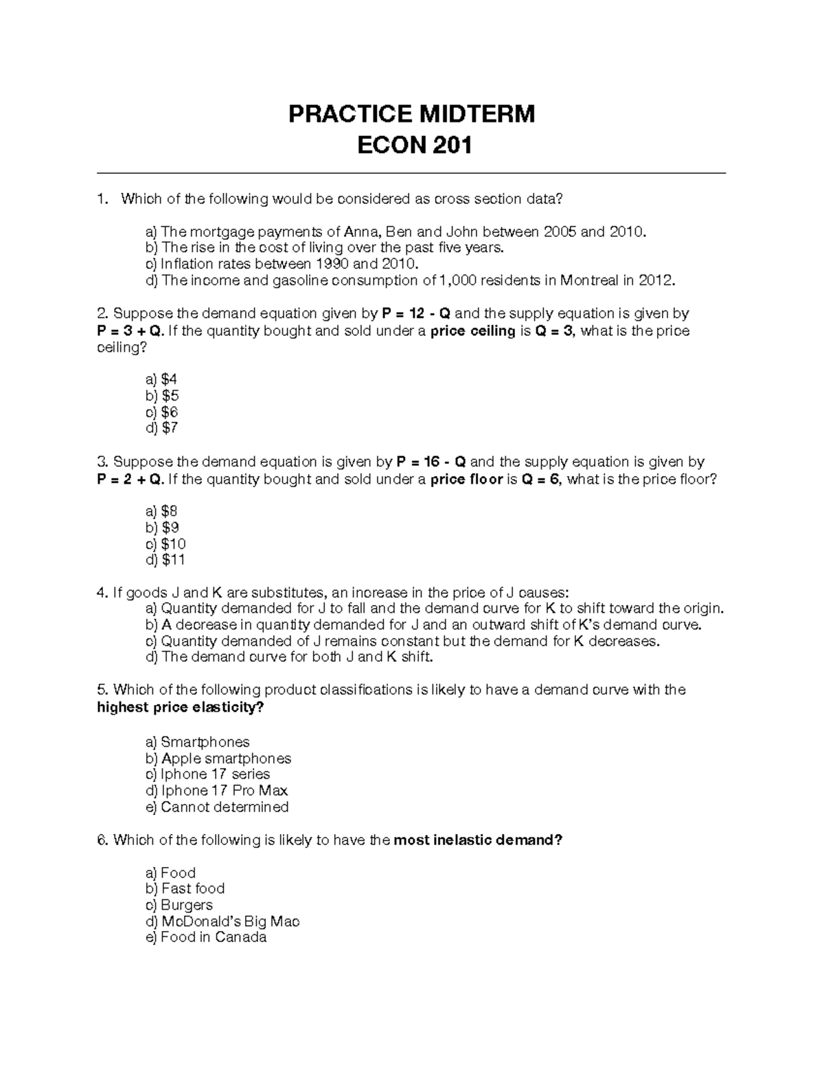 MOCK Midterm Practice Questions for ECON 201 - Studocu