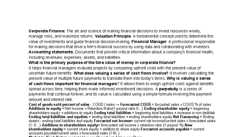 Corporate Finance FIN Cheat Sheet: Key Formulas & Definitions - Studocu