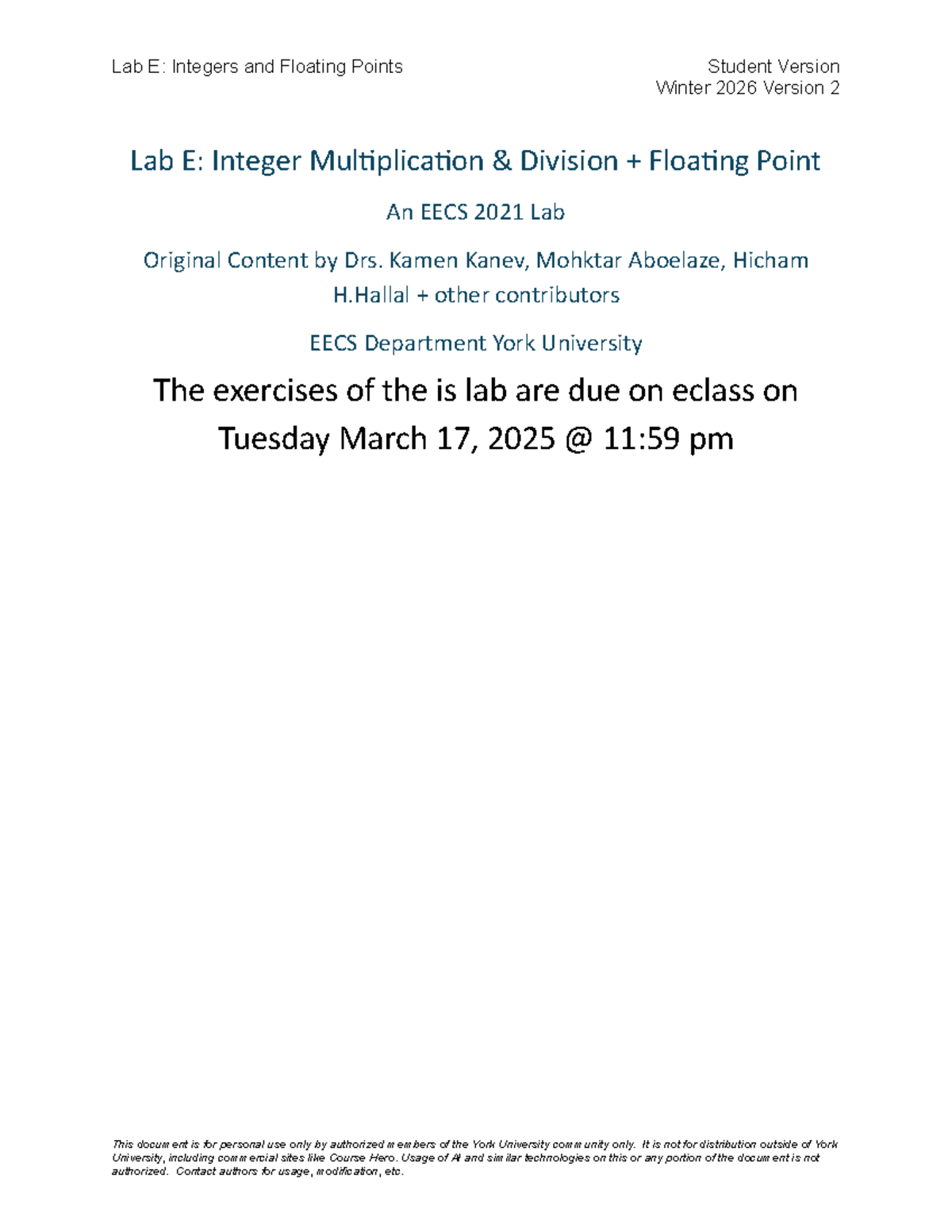 EECS 2021 Lab E: Integer & Floating Point Operations W2026 - Studocu