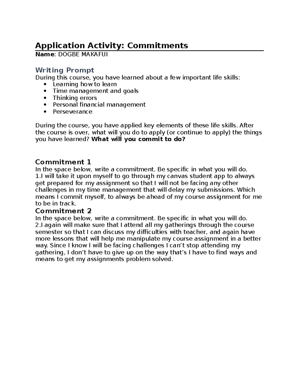 Commitment Reflections - My Plan to Apply Life Skills in Future - Studocu