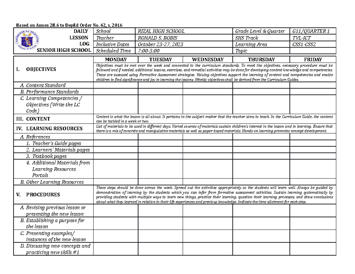 SHS Daily Lesson LOG DLL Template By - Based on Annex 2B to DepEd Order ...