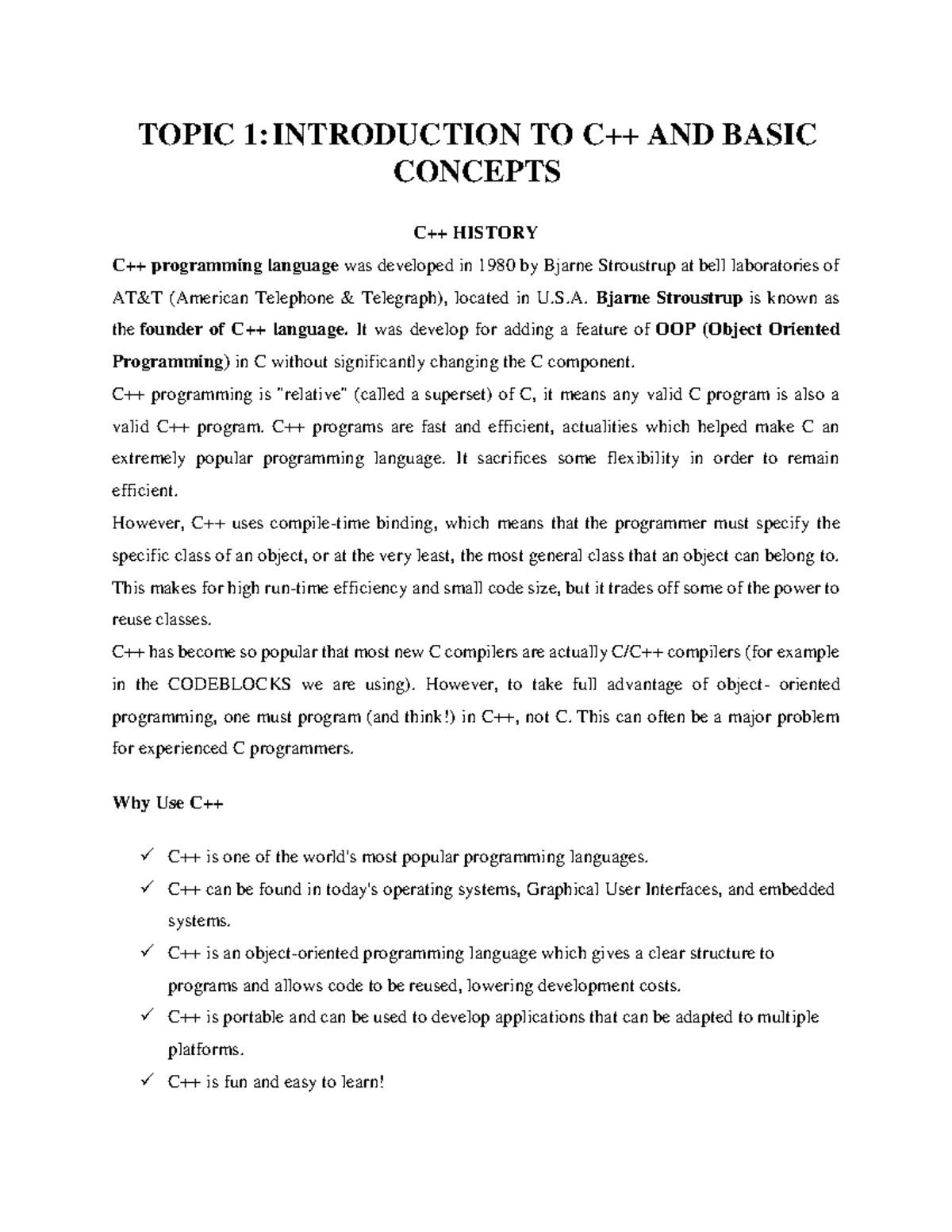 Topic 1 Introduction to C++ and Basic Concepts - TOPIC 1: INTRODUCTION ...