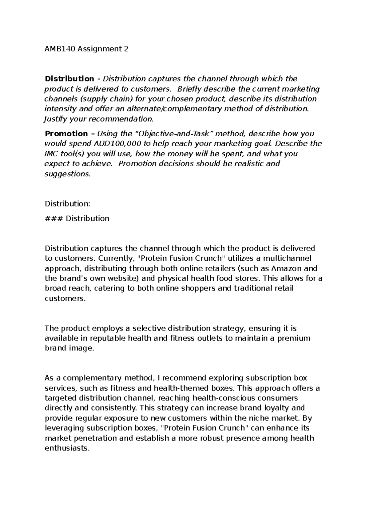 AMB140 Assignment 2 - Distribution and Promotion Strategies - Studocu