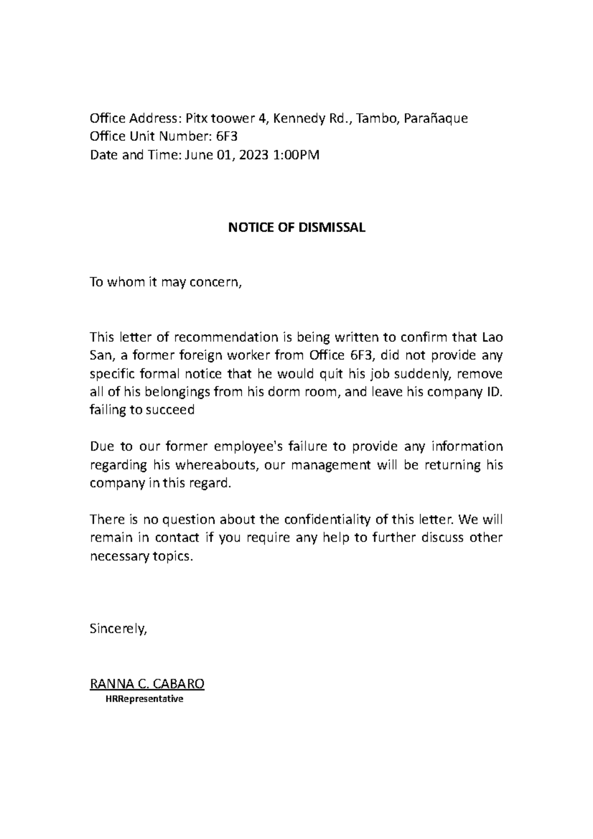 AWOL Letter - Confirmation of Dismissal for Lao San - Studocu