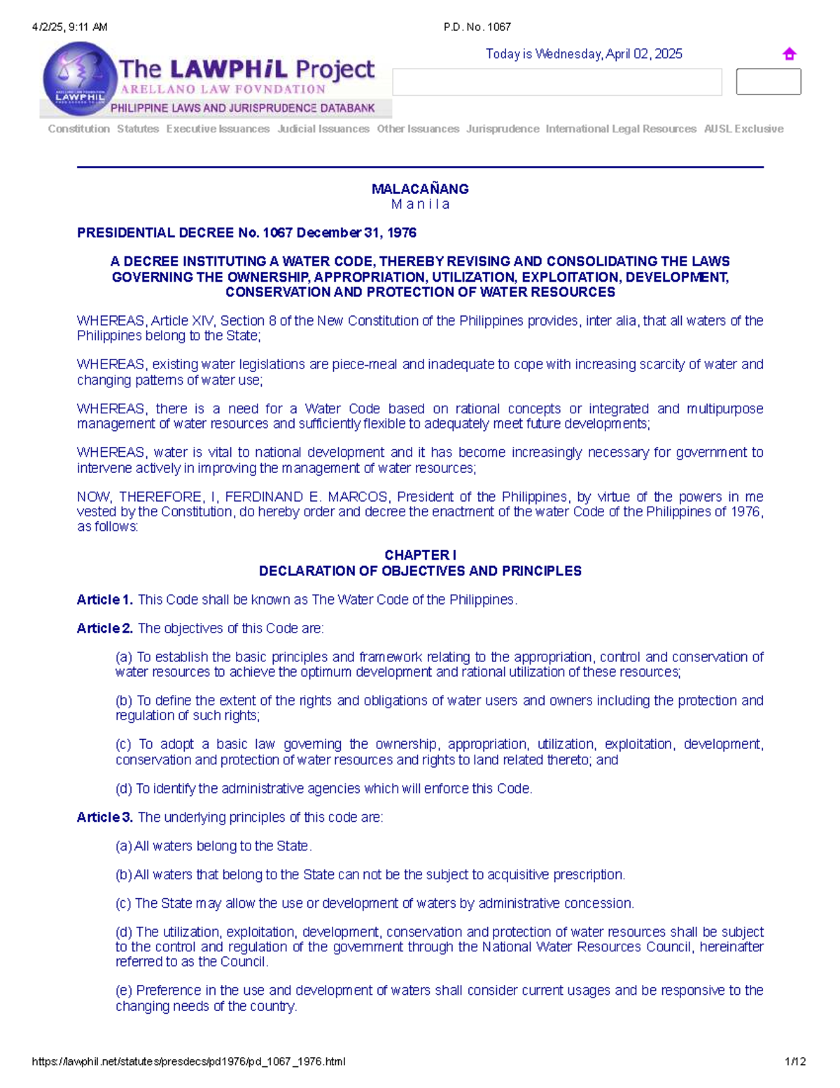 P.D. No. 1067: Comprehensive Overview of the Water Code of the ...