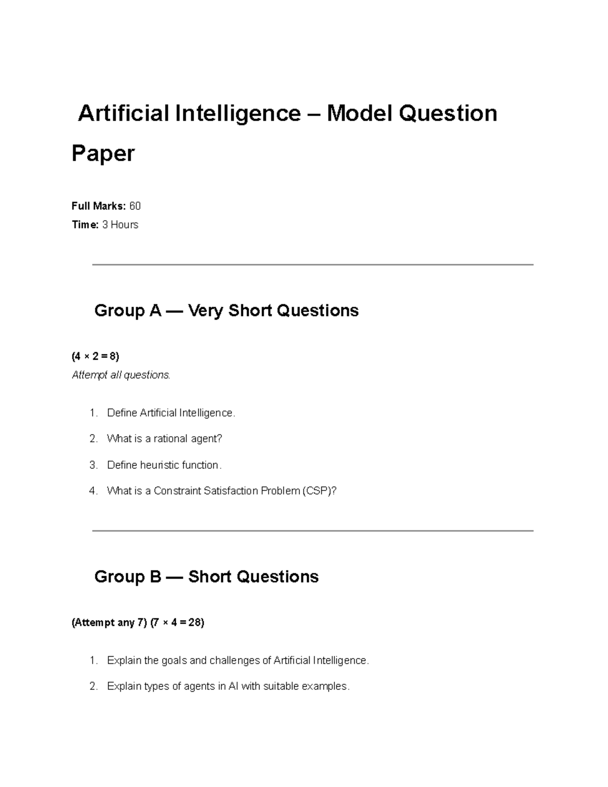 Artificial Intelligence (AI) Model Question Paper - Comprehensive Guide ...