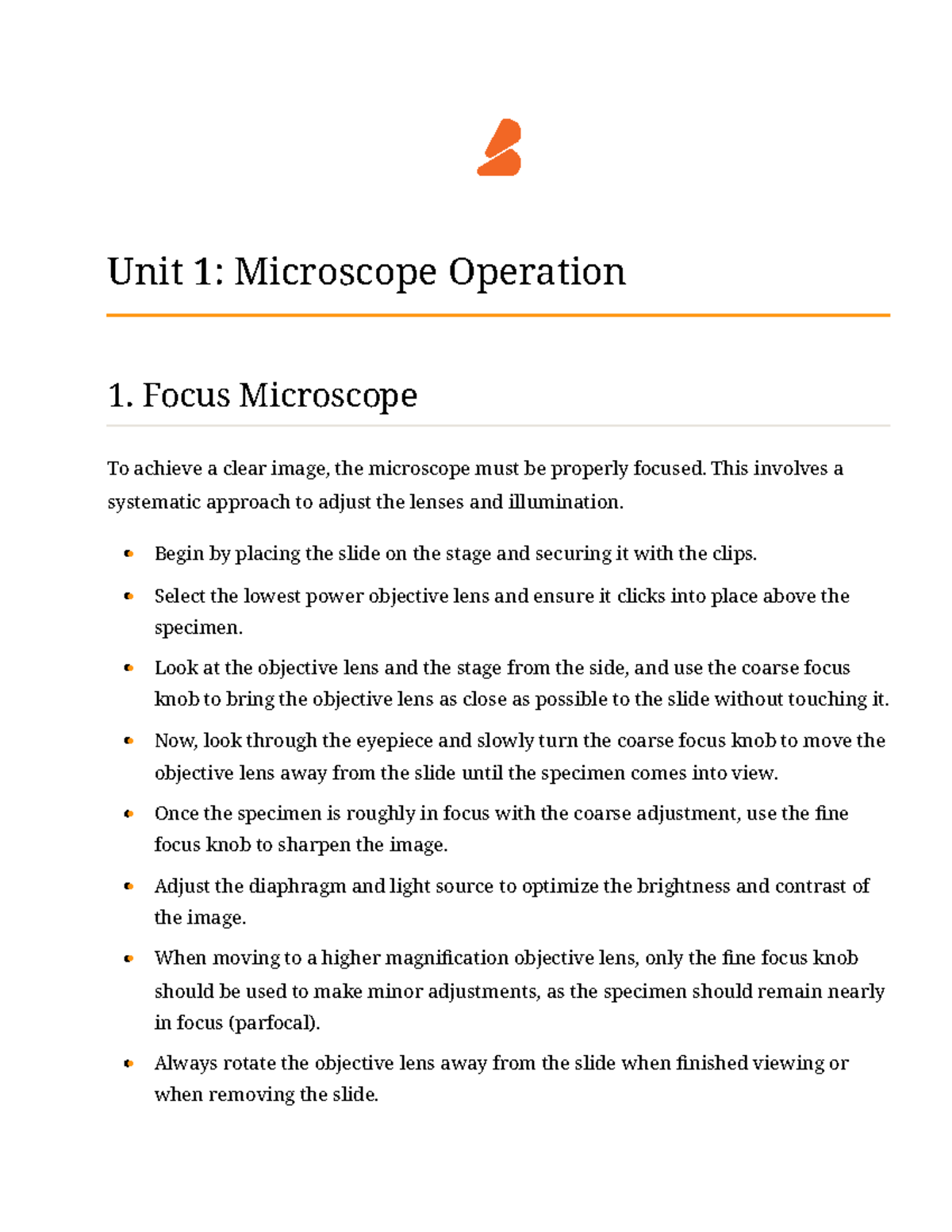 Unit 1: Microscope Operation & Measurement Techniques - Studocu