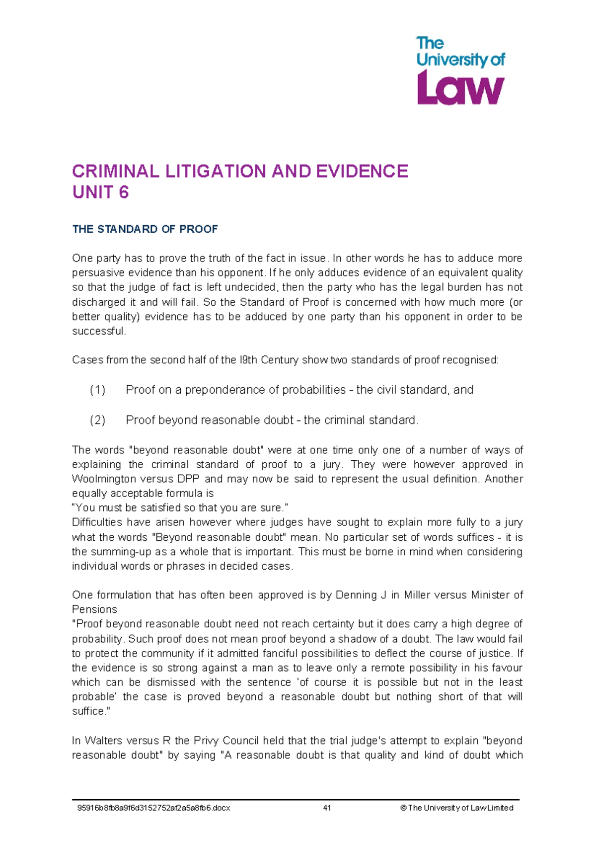 CRIMINAL LITIGATION & EVIDENCE: UNIT 6 - THE STANDARD OF PROOF - Studocu