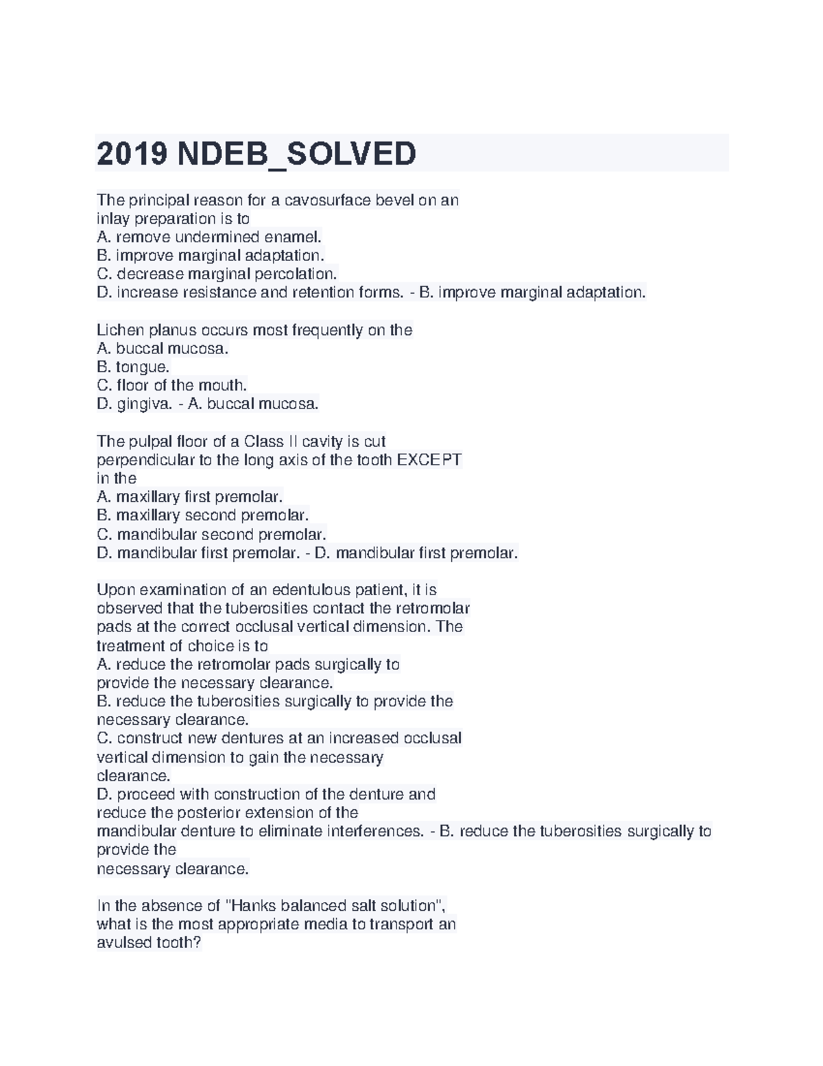 2019 NDEB - Comprehensive Exam Review Questions and Answers - Studocu