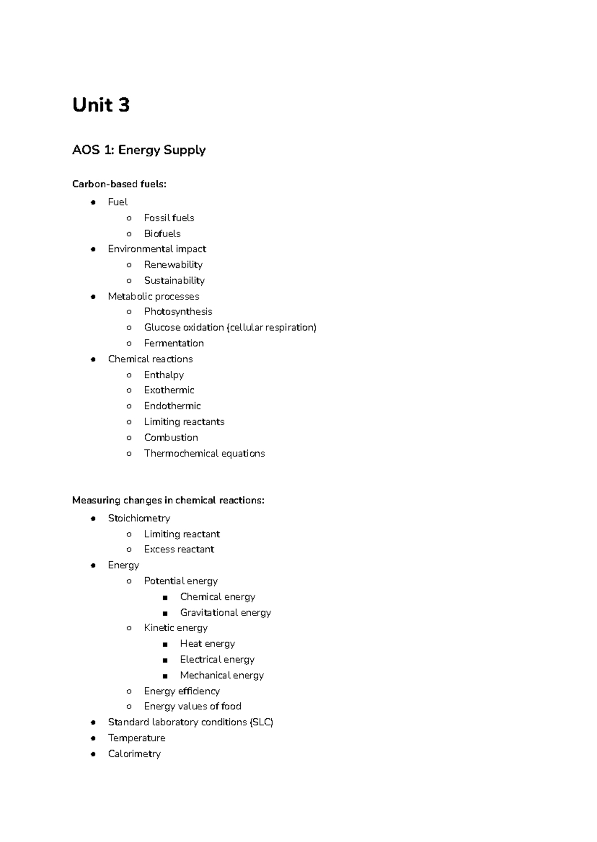 Unit 3 AOS 1: Energy Supply and Organic Compounds Overview - Studocu