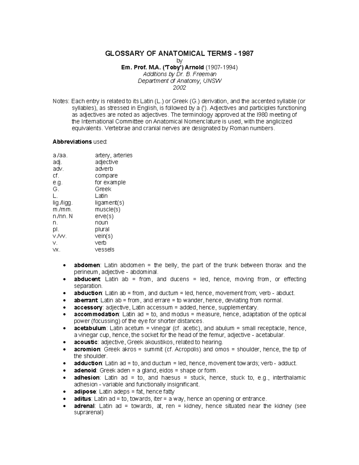 Glossary of Anatomical Terms - 1987 Edition for Anatomy 101 - Studocu