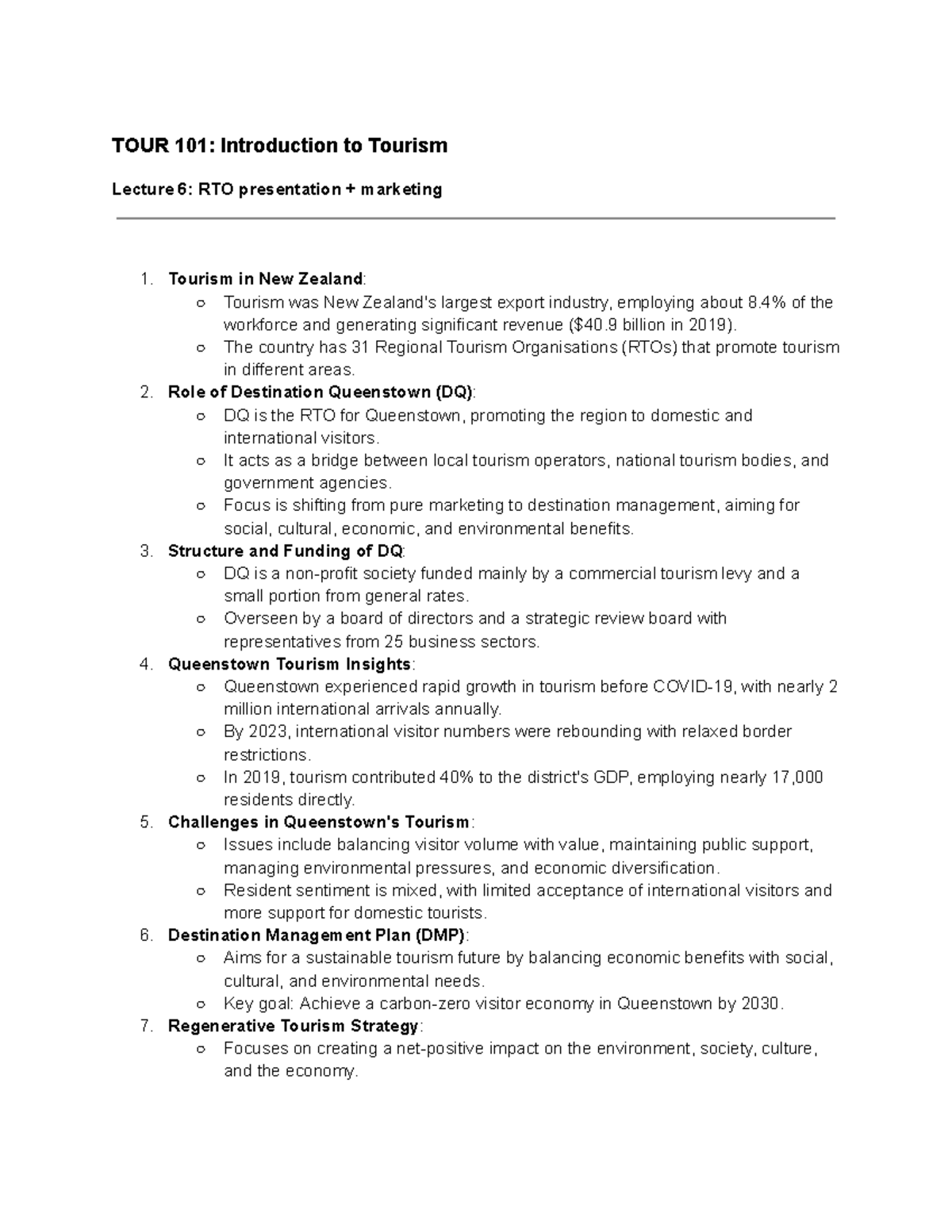 TOUR 101: Lecture 6 - RTO Marketing & Tourism Insights in NZ - Studocu