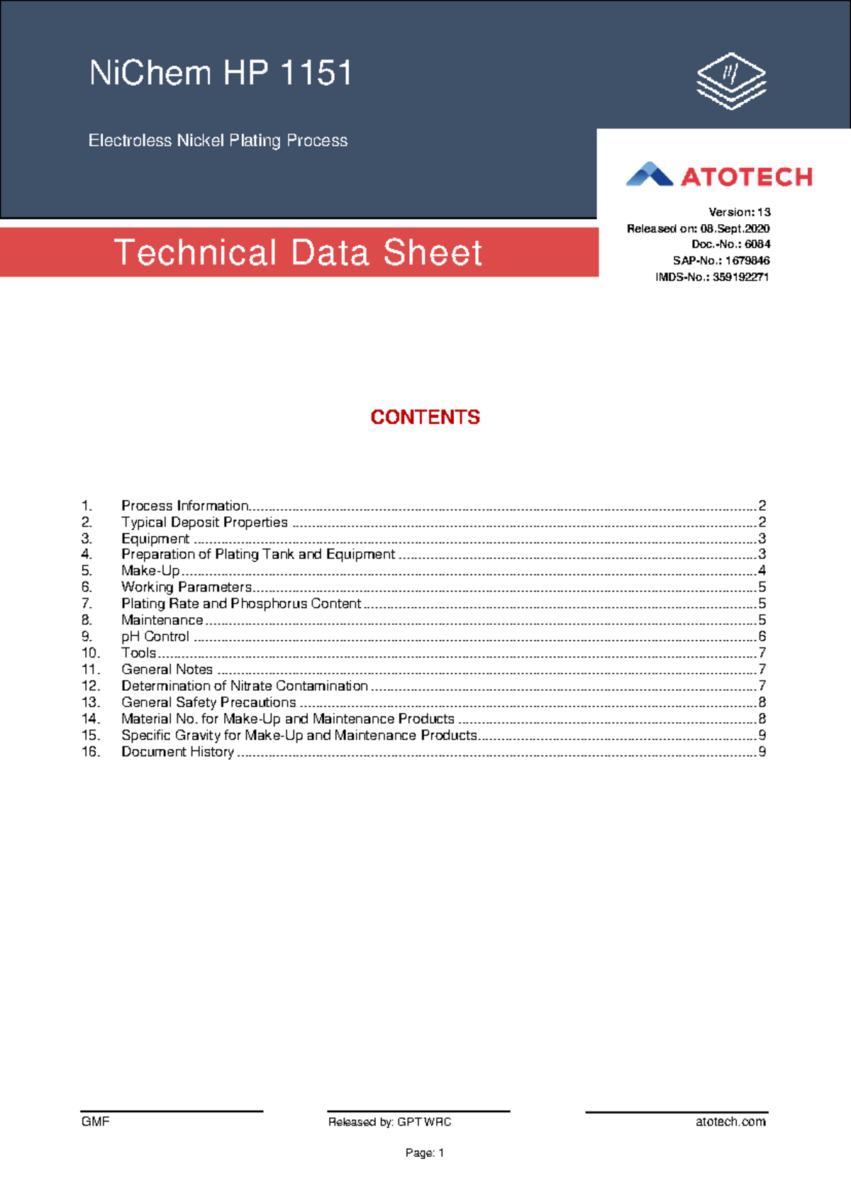 NiChem HP 1151 Electroless Nickel Plating Process Technical Data Sheet ...