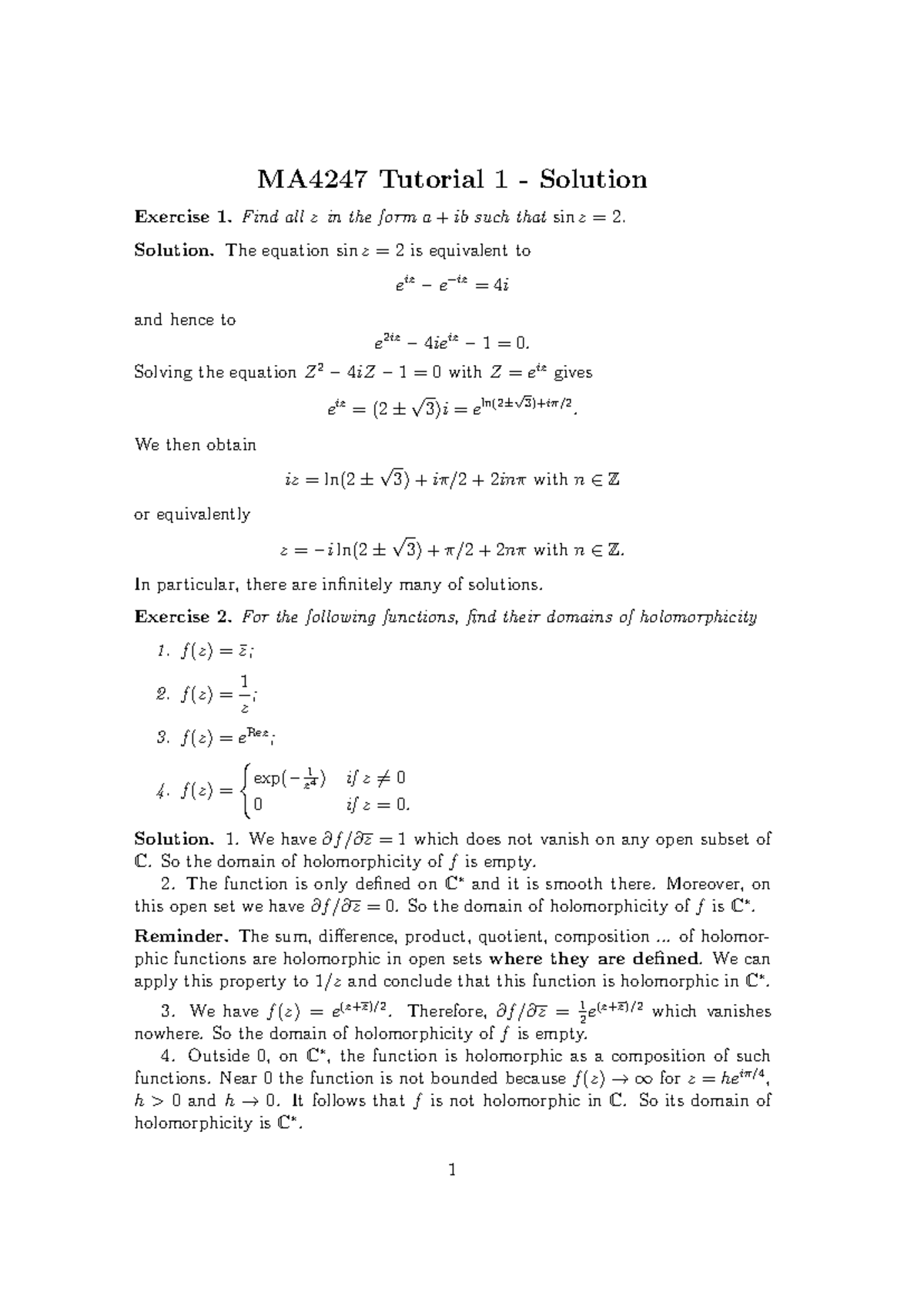 The equation sin z - theory of functions of a complex variable - MA4247 ...