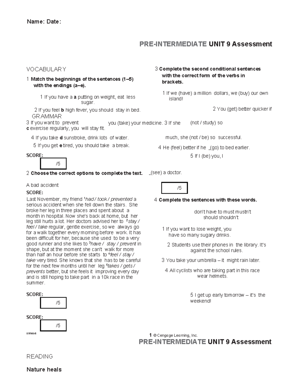 Voices Pre-Int U09 Vocabulary & Grammar Assessment - Studocu