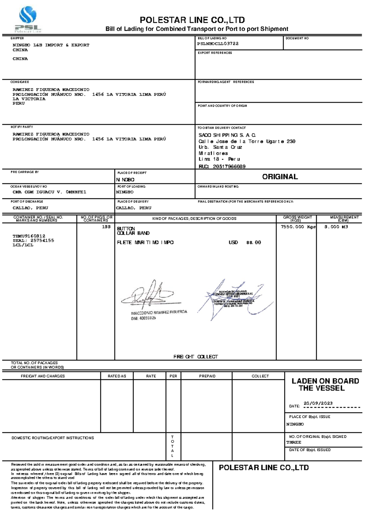HBL Polestar Line Final Bill of Lading Document Details - Studocu