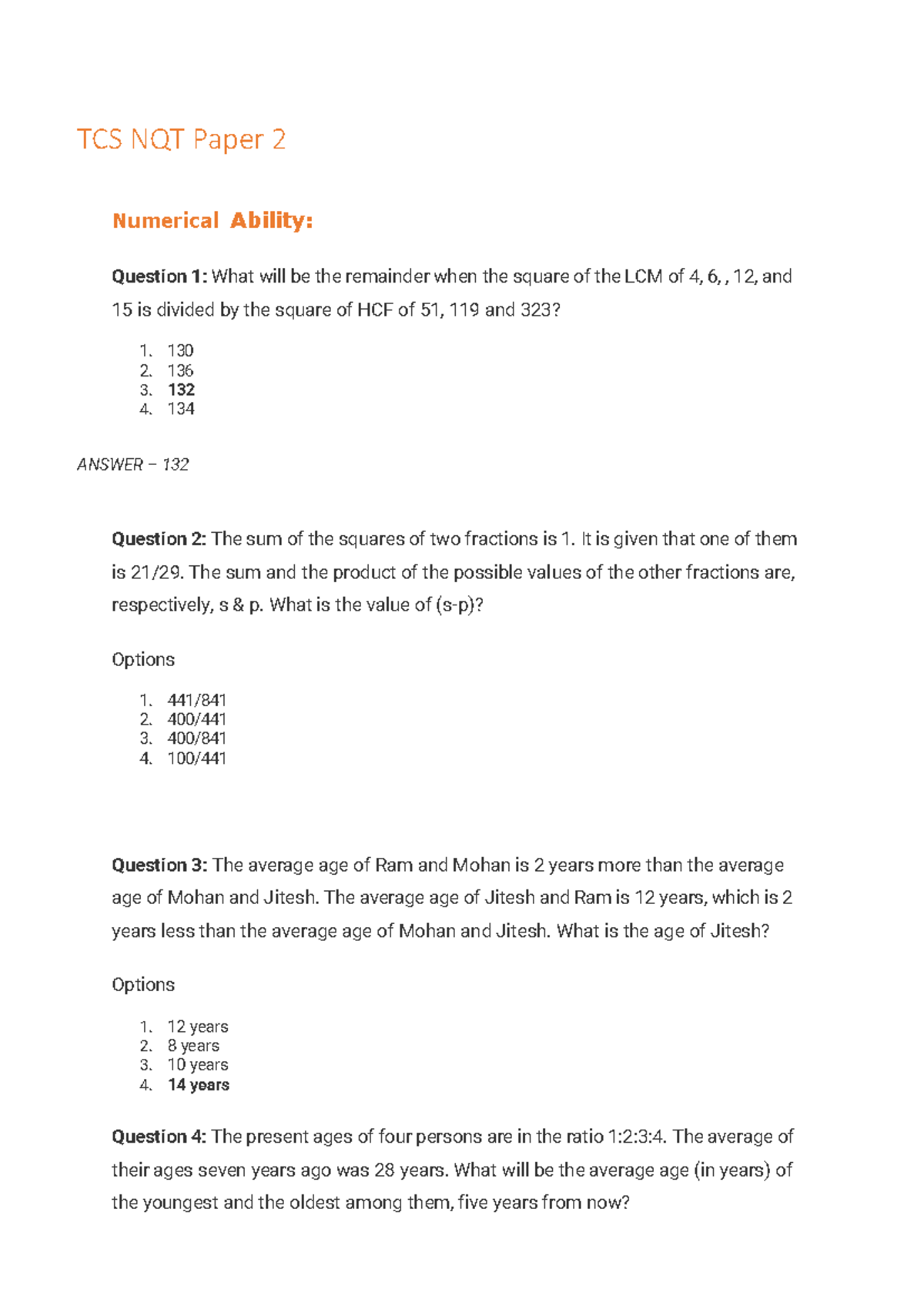 TCS NQT Paper 2: Numerical Ability Questions and Answers - Studocu