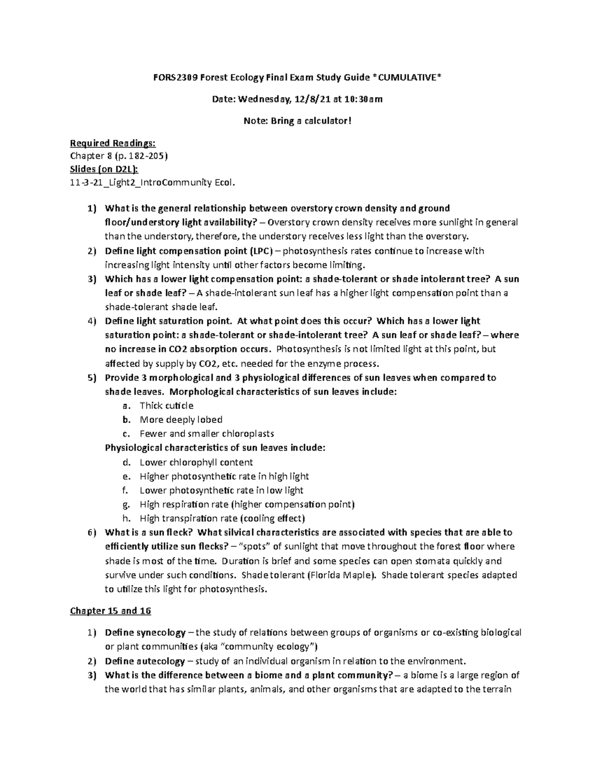 FORS2309 Forest Ecology Final Exam Study Guide (CUMULATIVE) - Studocu