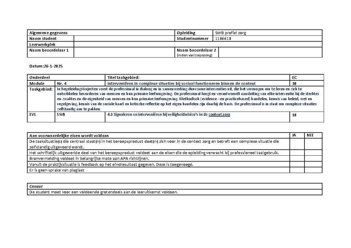 SWB 4.3 Beoordelingsformulier voor Interventies in Zorg Context ...