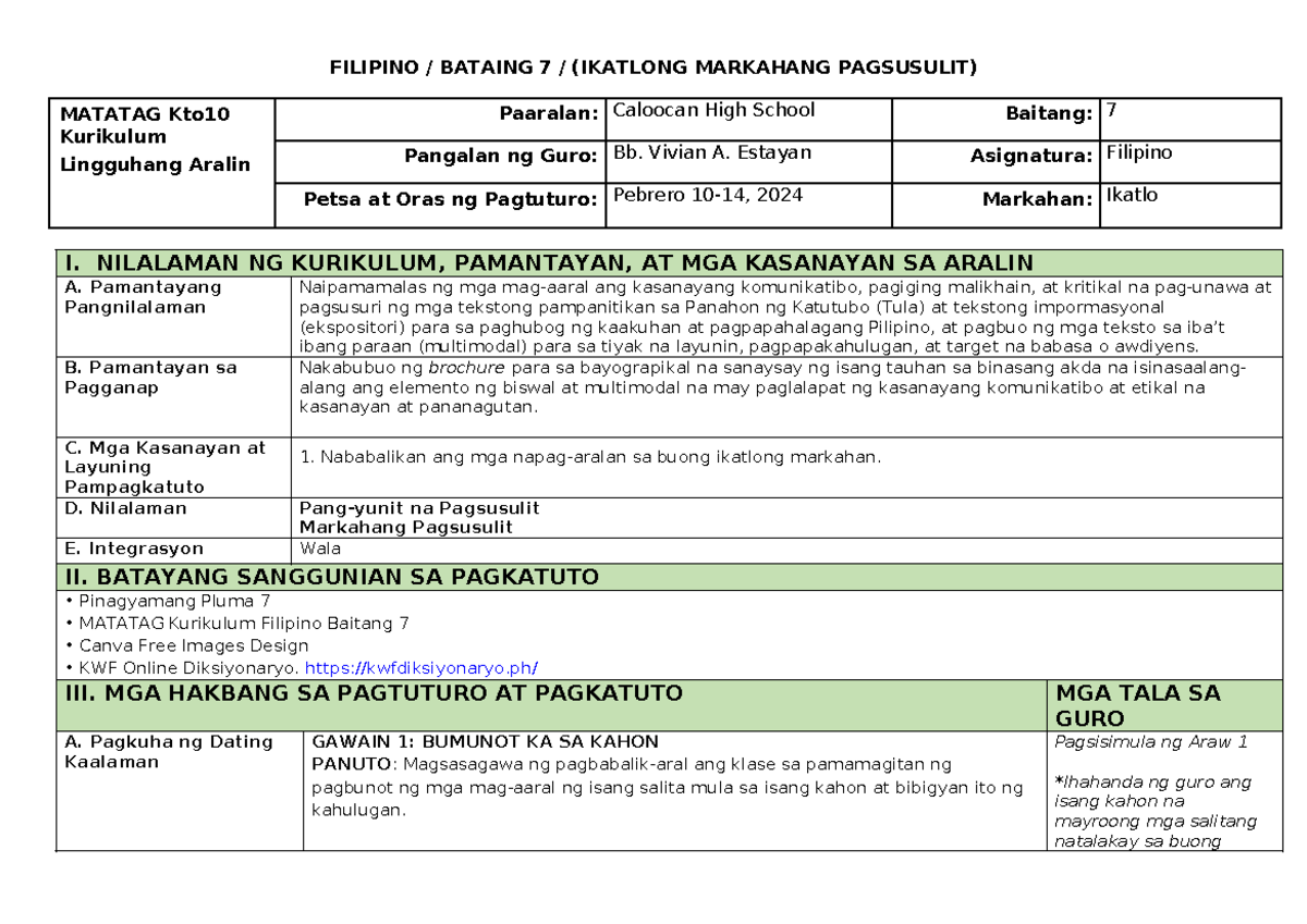 BATAING 7 - Ikatlong Markahang Pagsusulit Lesson Plan - Studocu