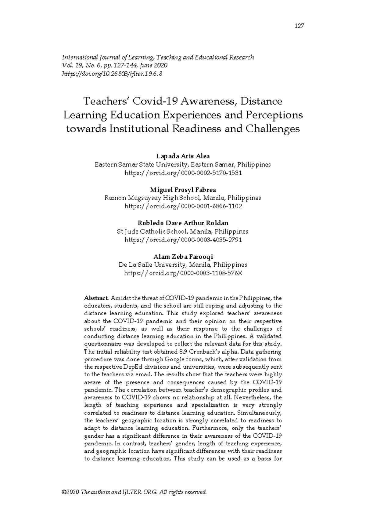 Awareness and Readiness for Distance Learning in the Philippines: A ...