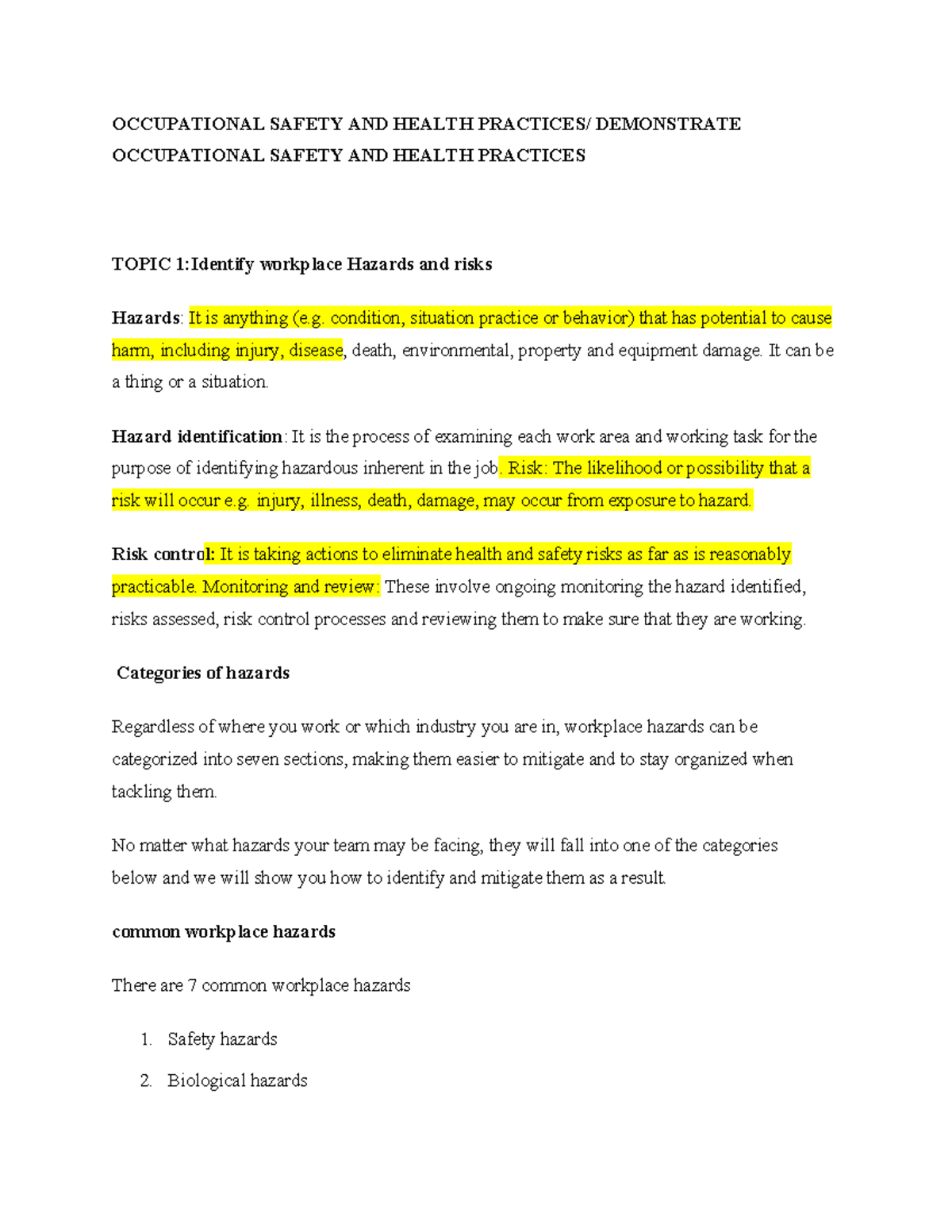 OSH 101: Identifying and Managing Workplace Hazards and Risks - Studocu
