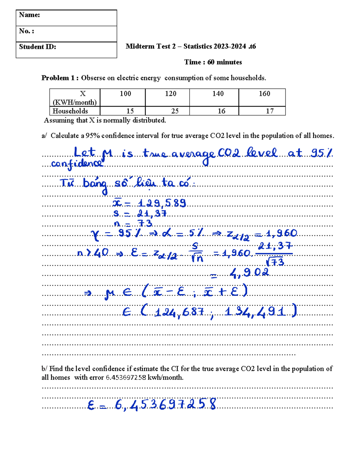 Midterm Test 2: Probability & Statistics (Course Code: 241210) 2023 ...