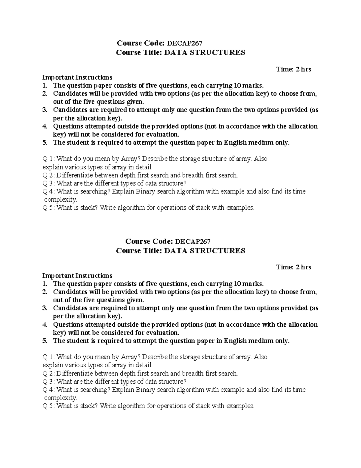 DECAP267 Data Structures Practice Paper - Key Questions & Instructions ...