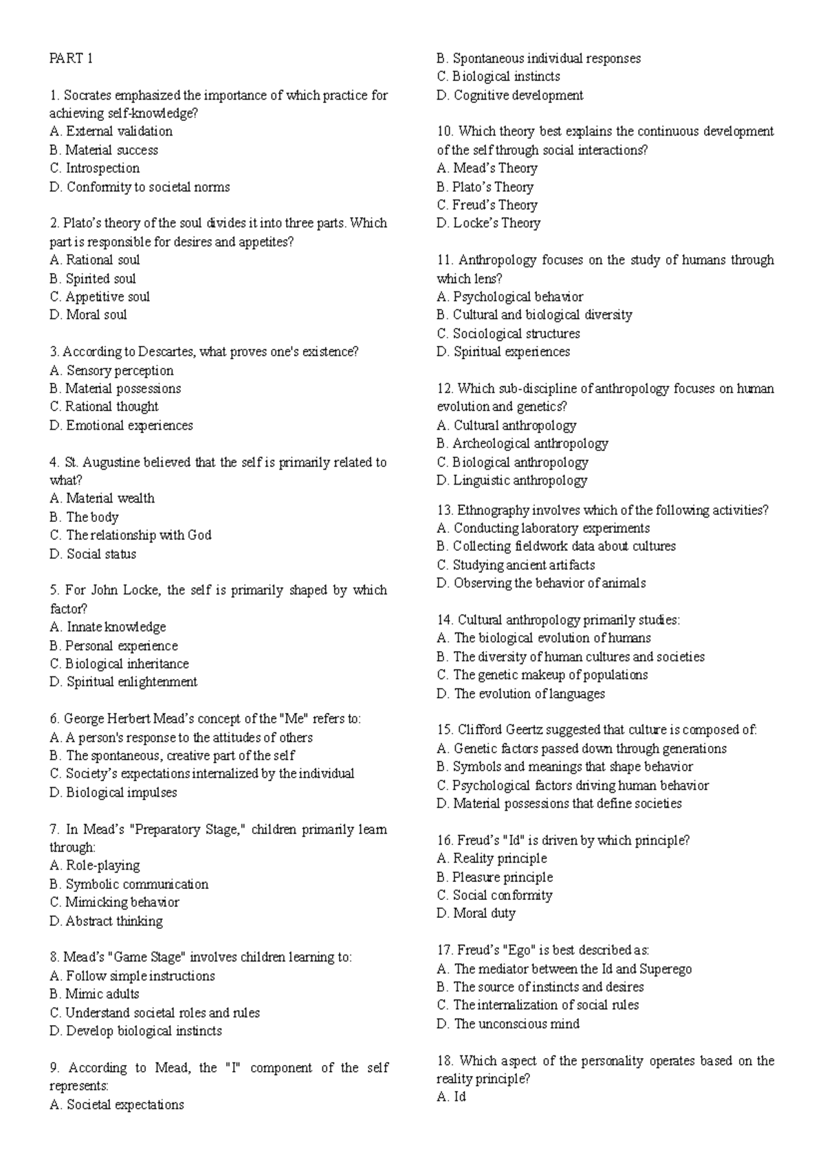 LET Exam - UTS Part 1 and 2 - PART 1 Socrates emphasized the importance ...