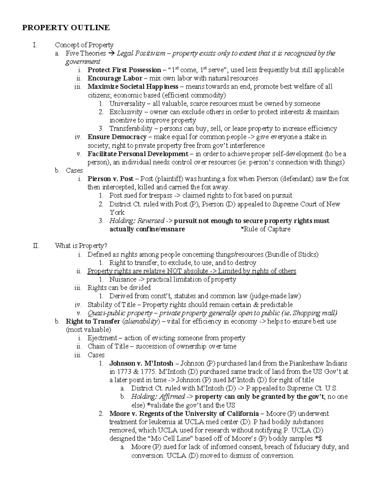 Property Law Outline: Key Concepts and Case Summaries - Studocu