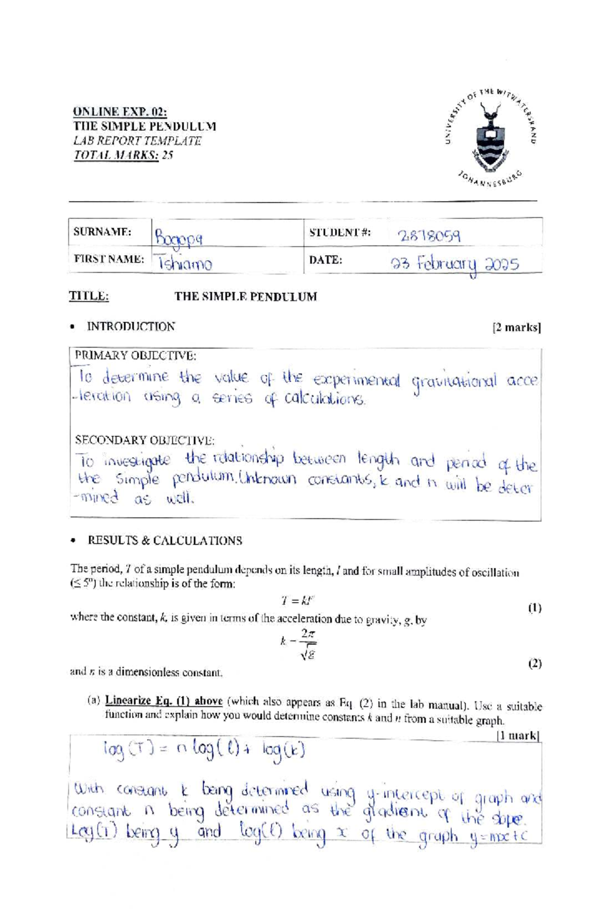 Exp02 - Lab Report on Simple Pendulum for ENGINEERING PHYSICS - Studocu