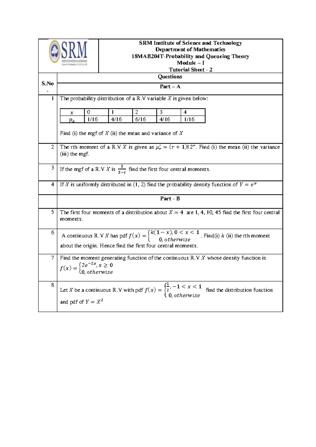 PQT Module I Tutorial Sheet 2: Probability Distributions & Moments ...