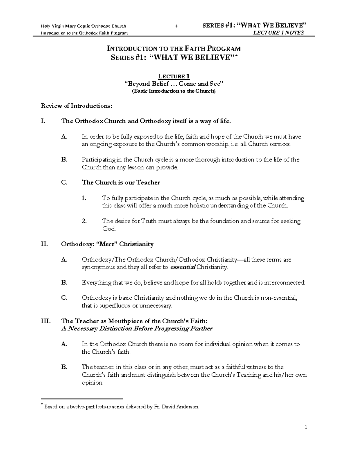 Holy Virgin Mary Coptic Orthodox Church: Lecture 1 Notes on Orthodox ...