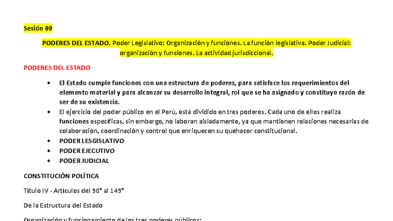 Sesión 09: Poderes del Estado - Funciones y Organización Legislativa y ...