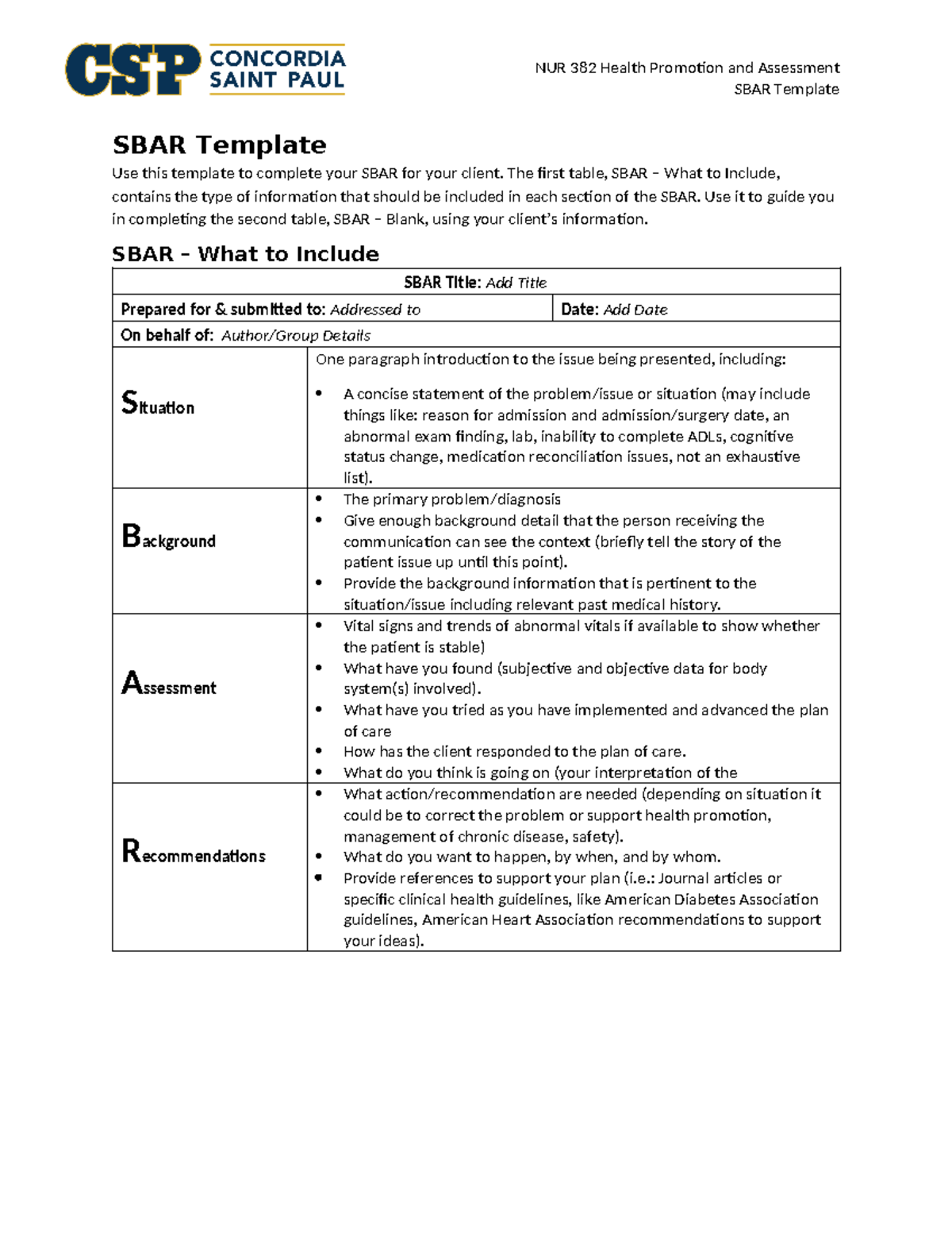 NUR 382 SBAR Template - NUR 382 Health Promotion and Assessment SBAR ...