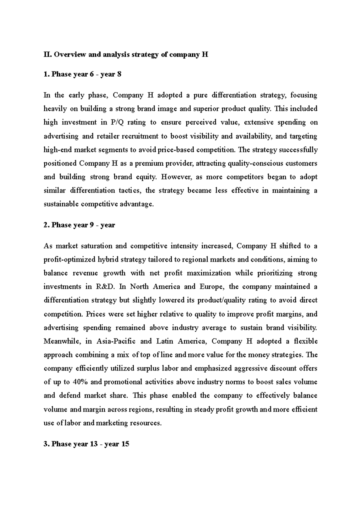 Final Report on Company H's Strategic Analysis (Course Code: BUS 2025 ...