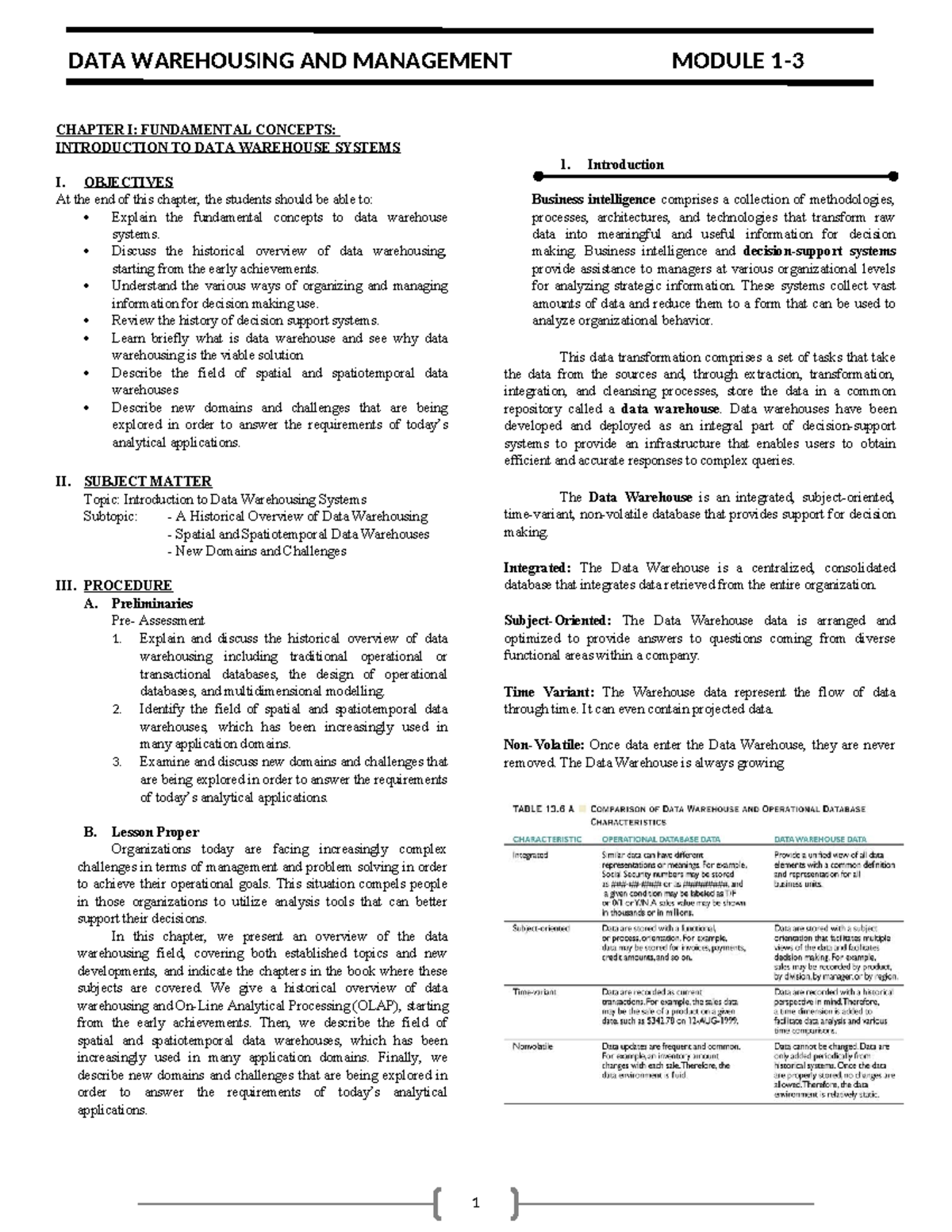 DATA WAREHOUSING AND MANAGEMENT: CHAPTER I-III OVERVIEW AND CONCEPTS ...