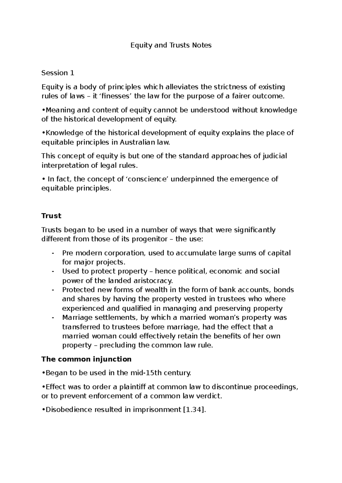 Equity and Trusts Notes: Session 1 Overview and Key Principles - Studocu