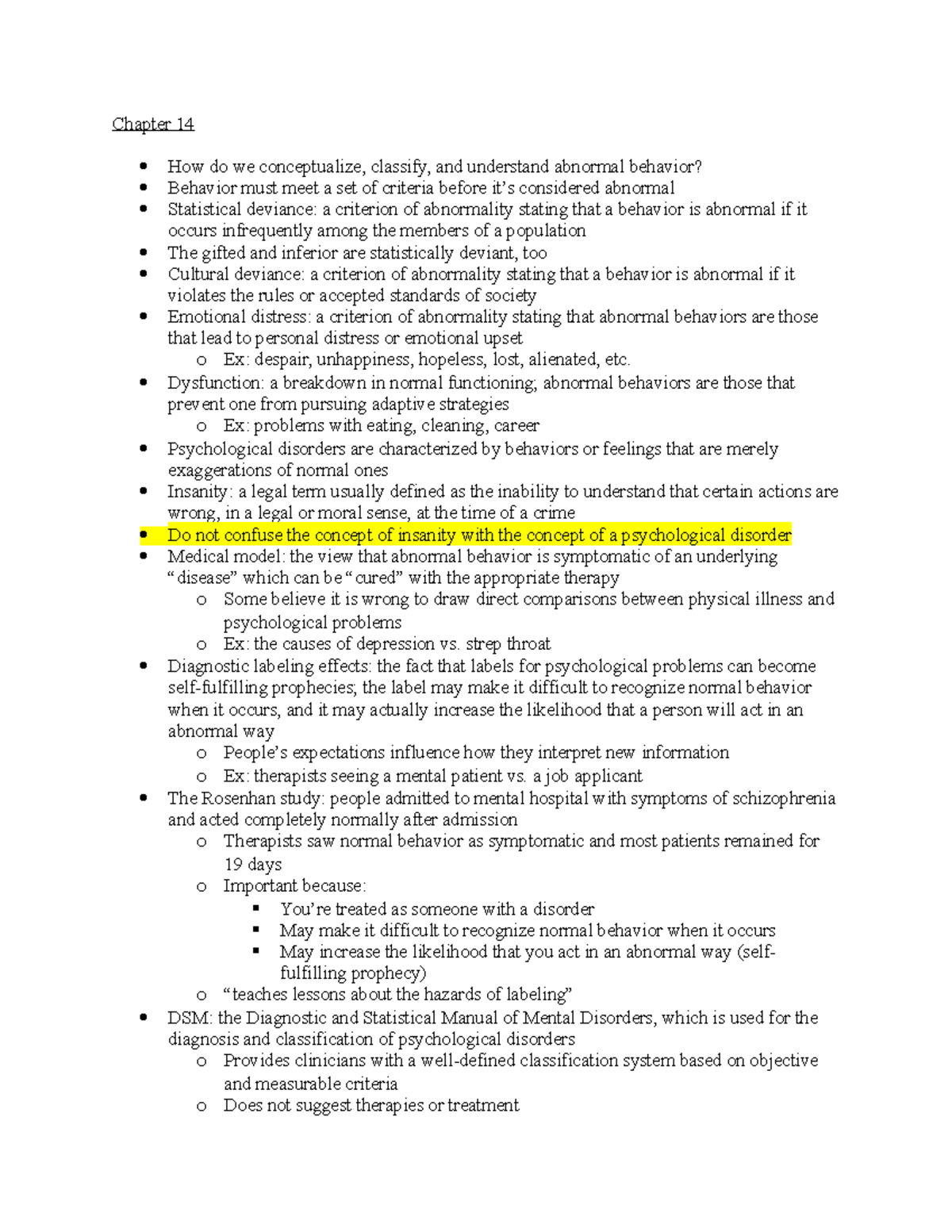 PSY 151 Chapter 14 Notes - Chapter 14 How do we conceptualize, classify ...