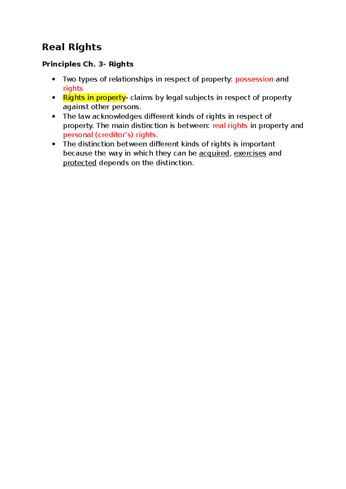 Real Rights in Property: Principles and Distinctions (Law 101) - Studocu