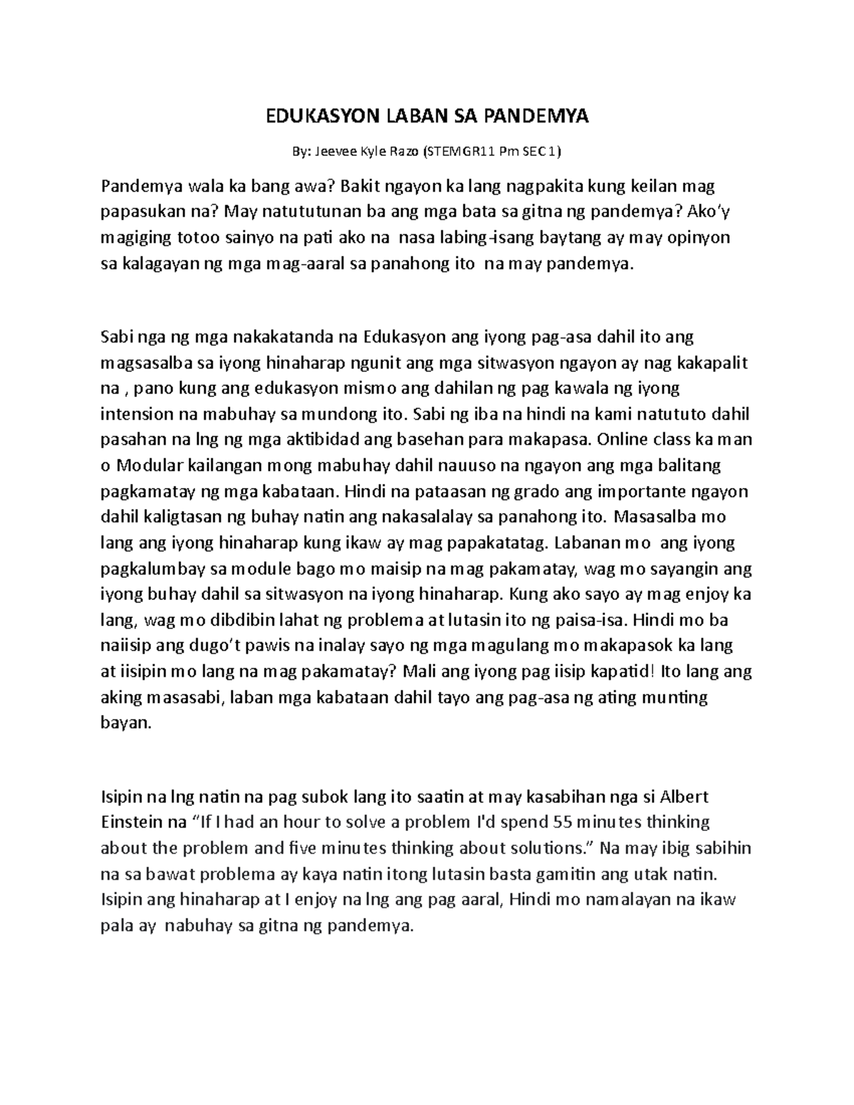 Edukasyon Laban SA Pandemya FIL2 Talumpati - EDUKASYON LABAN SA ...