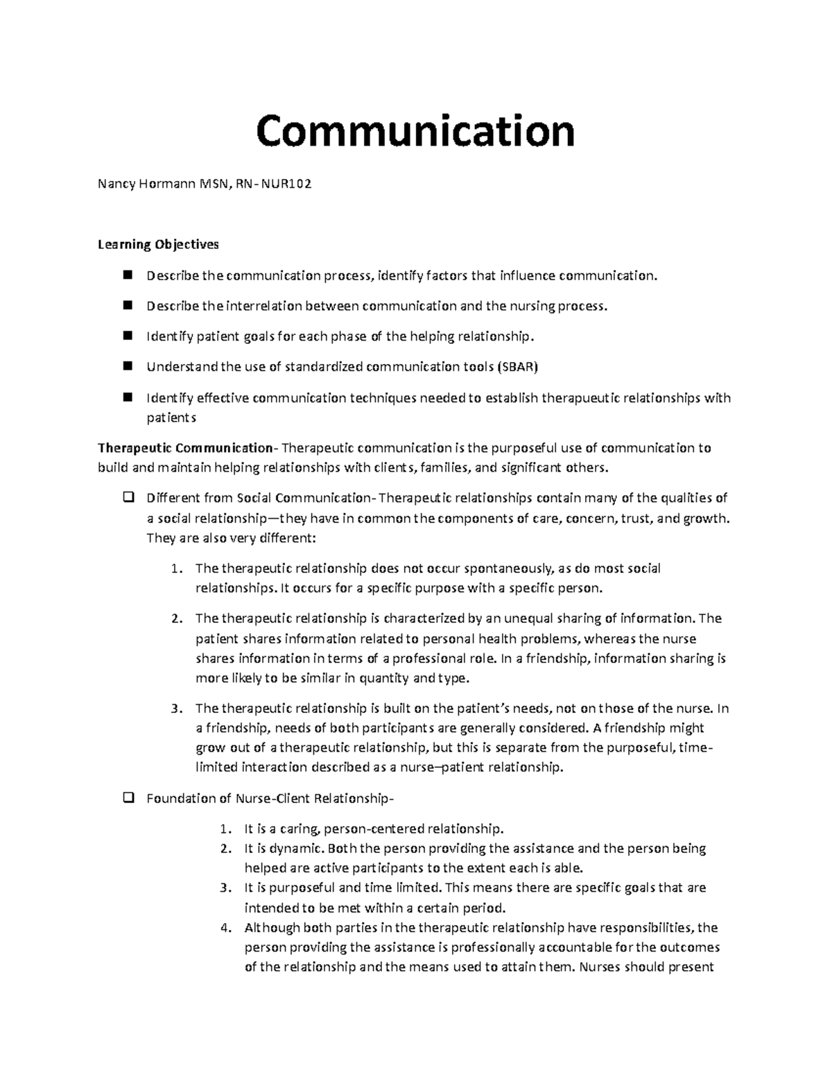 Communication notes - Communication Nancy Hormann MSN, RN- NUR Learning ...