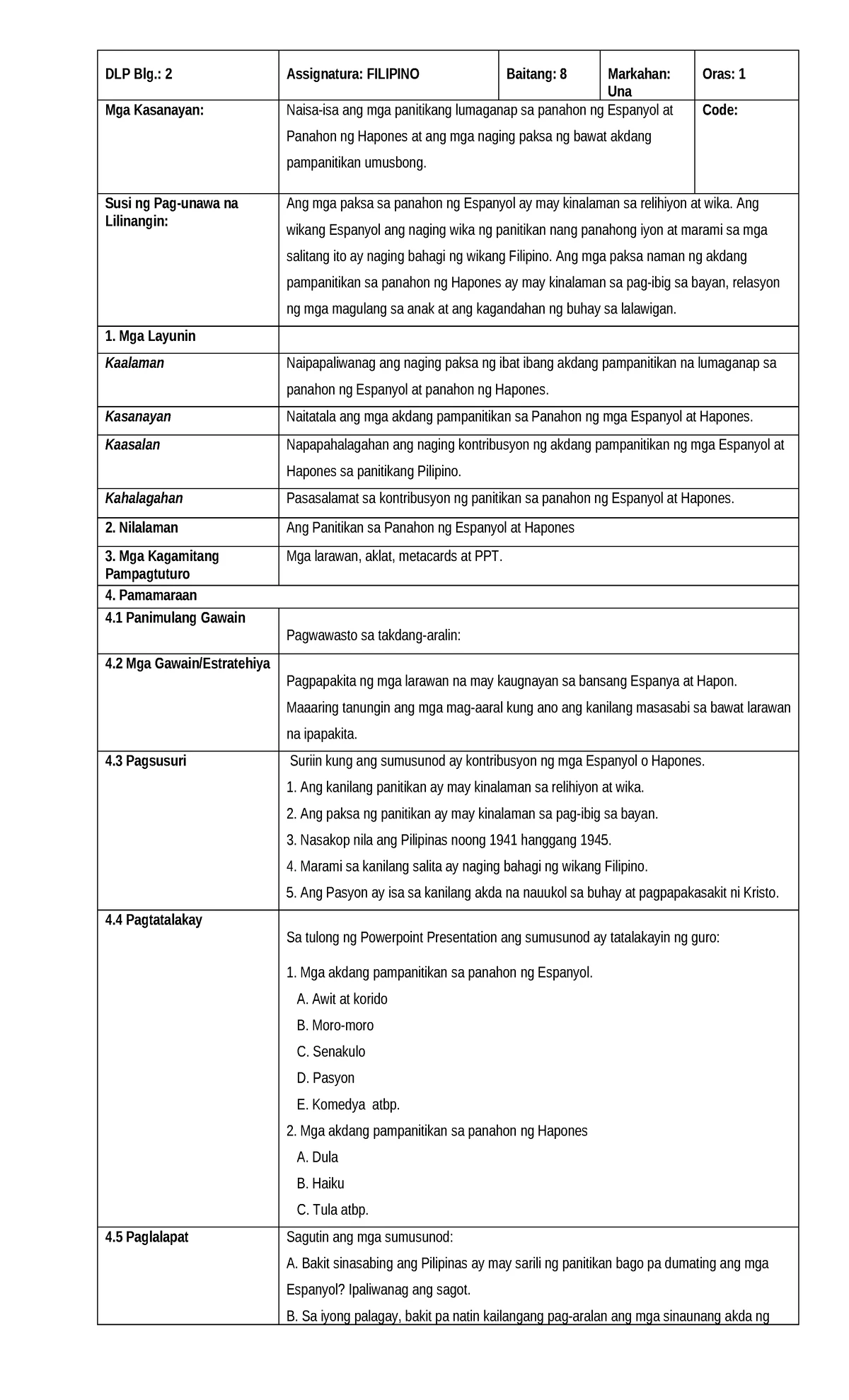 Behavioral Objectives sa Filipino at Ingles LC: Mga Layunin at ...