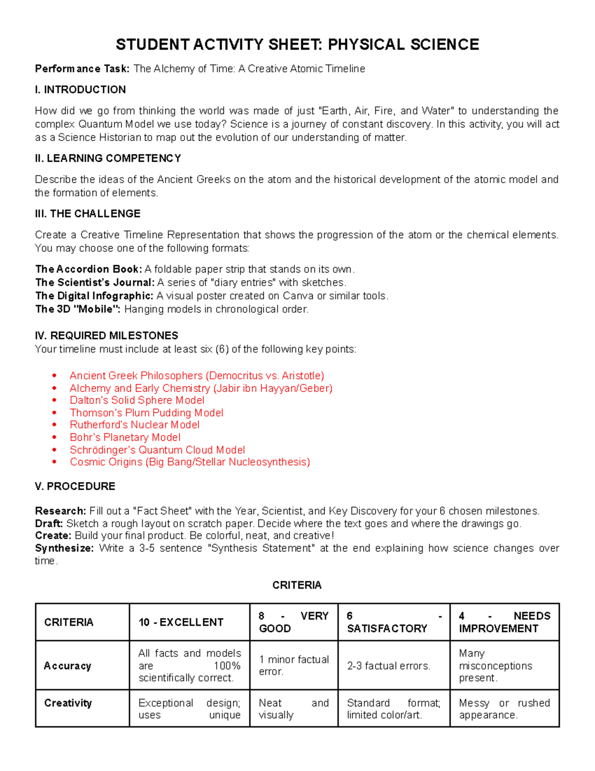 PHSC Performance Task: Creative Atomic Timeline Activity - Studocu