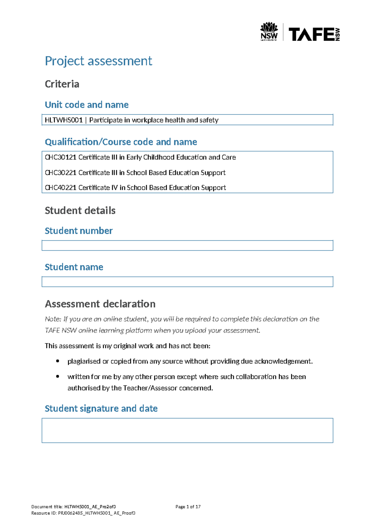HLTWHS001 Project Assessment: Workplace Health & Safety Guidelines ...