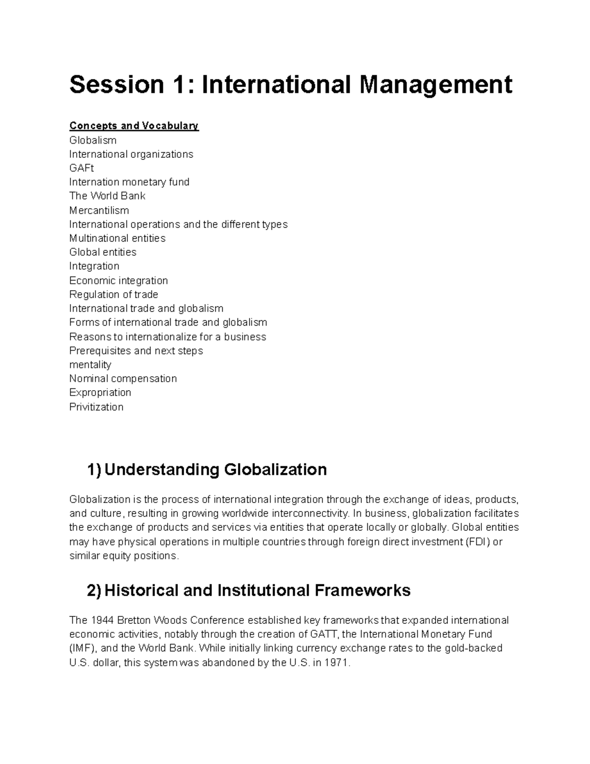 Session 1: International Management Concepts and Vocabulary - Studocu