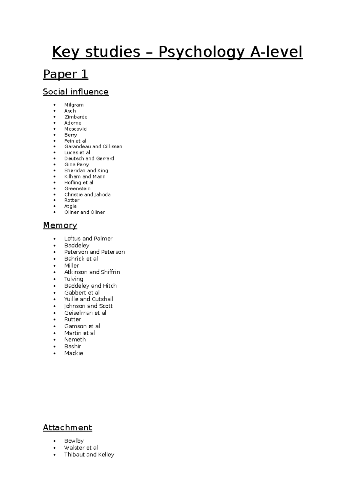 Key Studies - A-Level Psychology Overview of Key Psychologists - Studocu