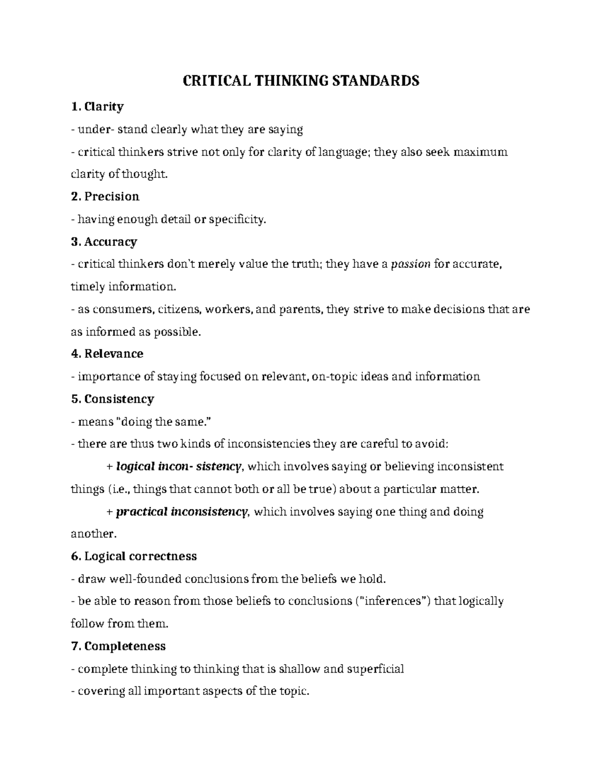 Final Exam Notes on Critical Thinking Standards and Barriers - Studocu